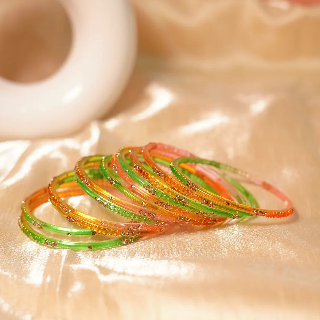 Stylish Traditional Glass Bangle with Beads Studded for Women & Girls (Pack of 12 Bangles) - The Golden Cascade